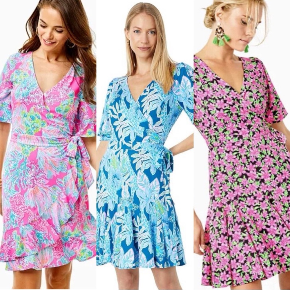 Lot of 3 XS Lilly Pulitzer Wrap Dress Pink Blue Black Kessler & Isella dresses